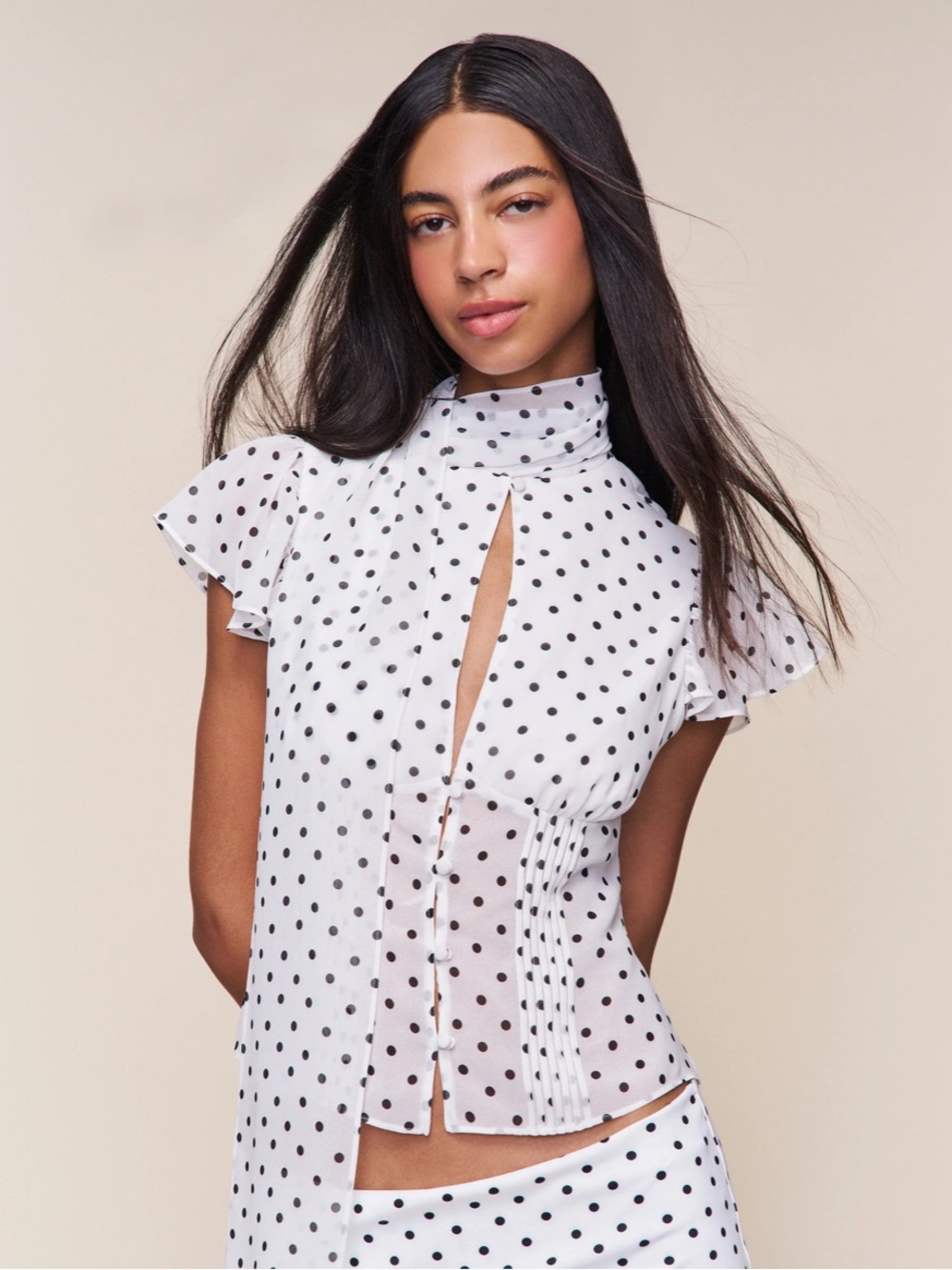 Danielle Guizio White and Black Polka Dot High-Neck Blouse